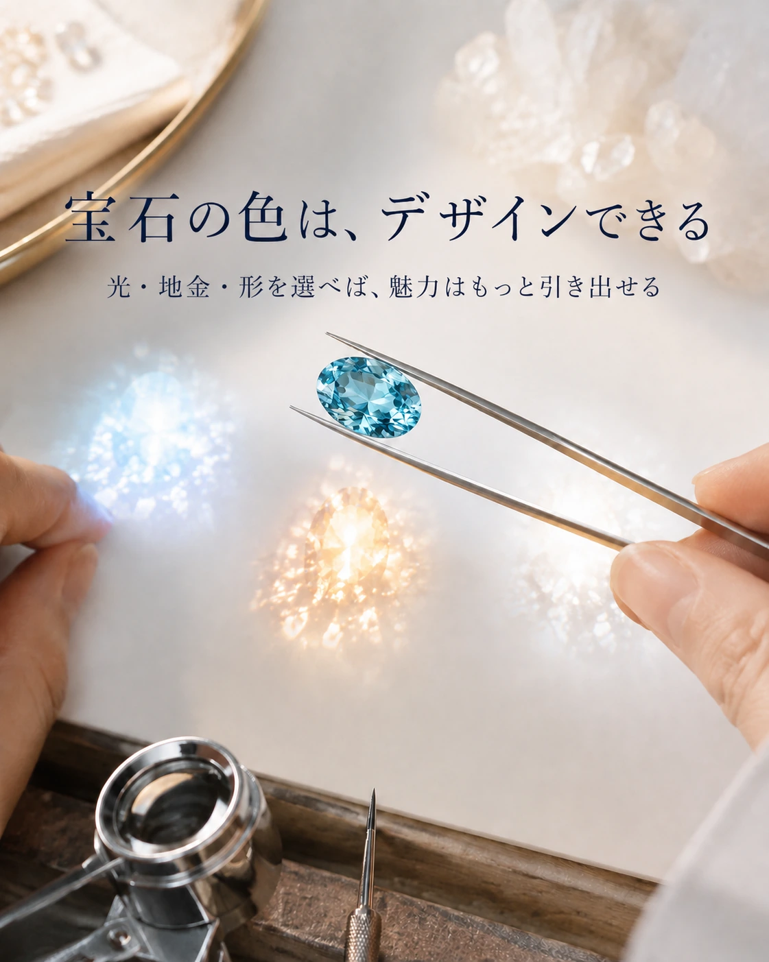ピンセットで青い宝石を観察し、異なる光による表情を確かめる様子
