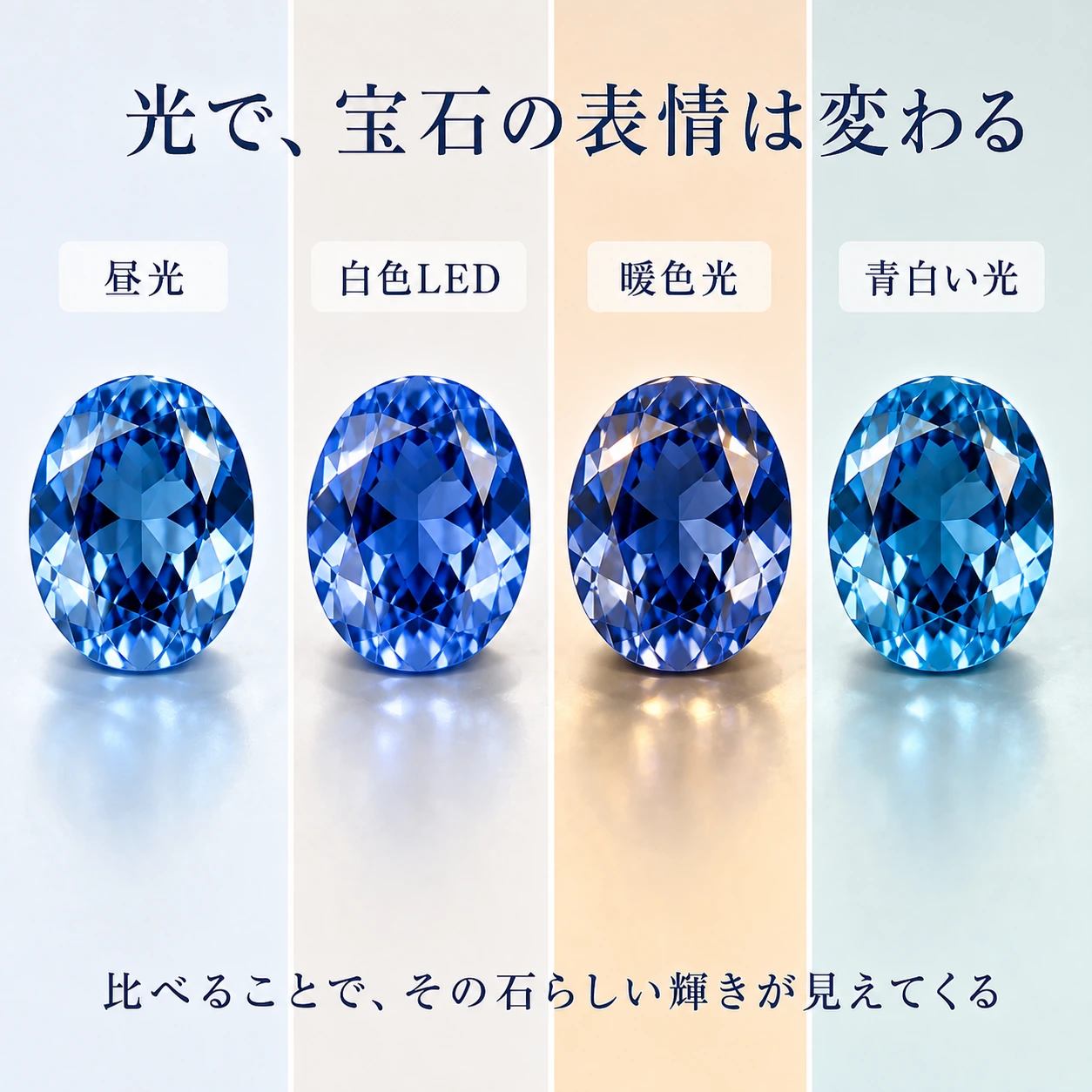 同じ青い宝石を異なる四つの光環境で比較した写真