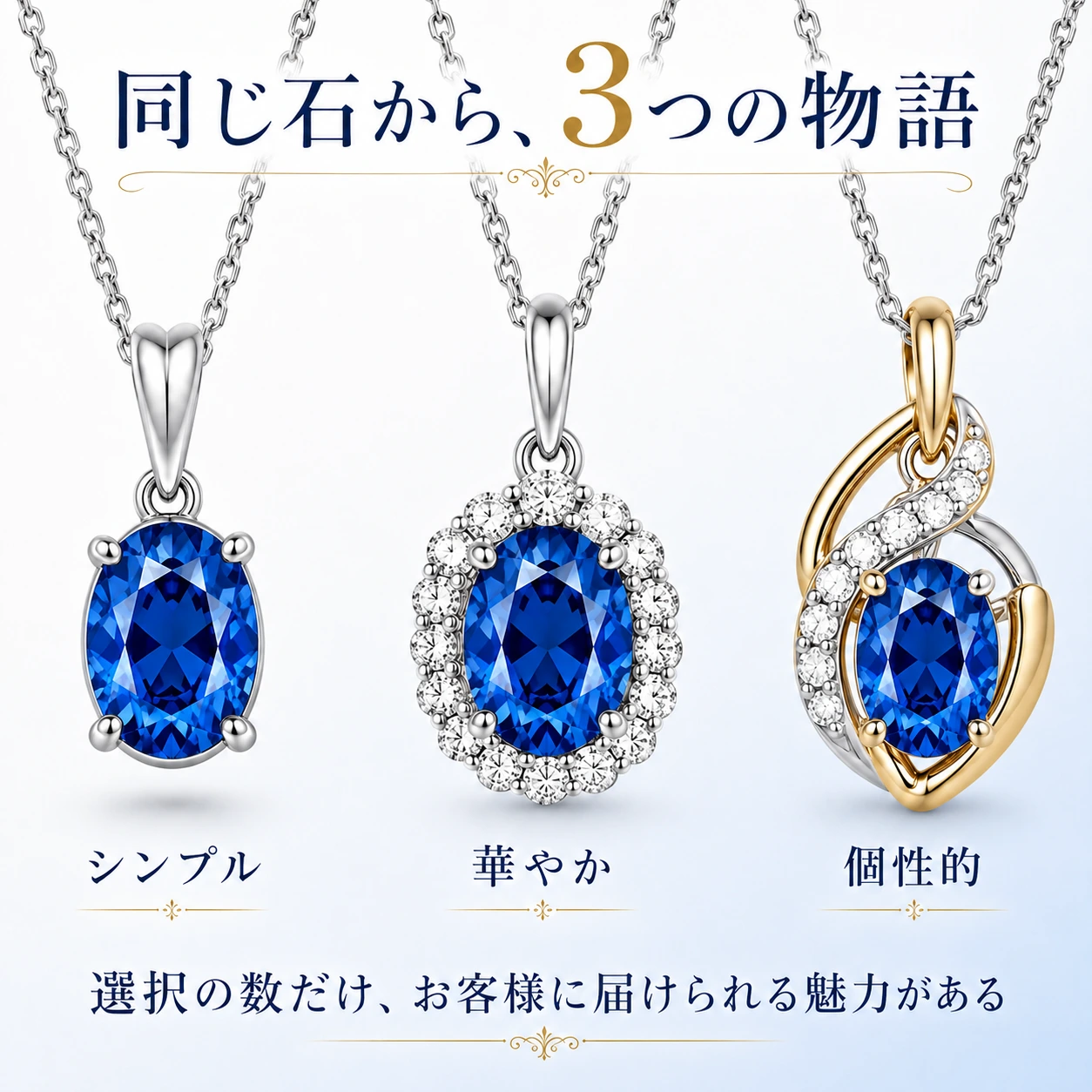 同じ青い宝石を使ったシンプル、メレダイヤ、コンビ地金の三種類のペンダント