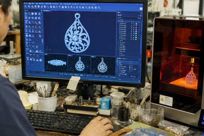 パソコンで制作したCADから造型出力してつくるアクセサリーの風景