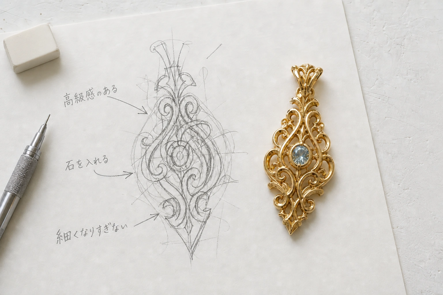 デザイン画を使わず金属を直接加工するジュエリー製作