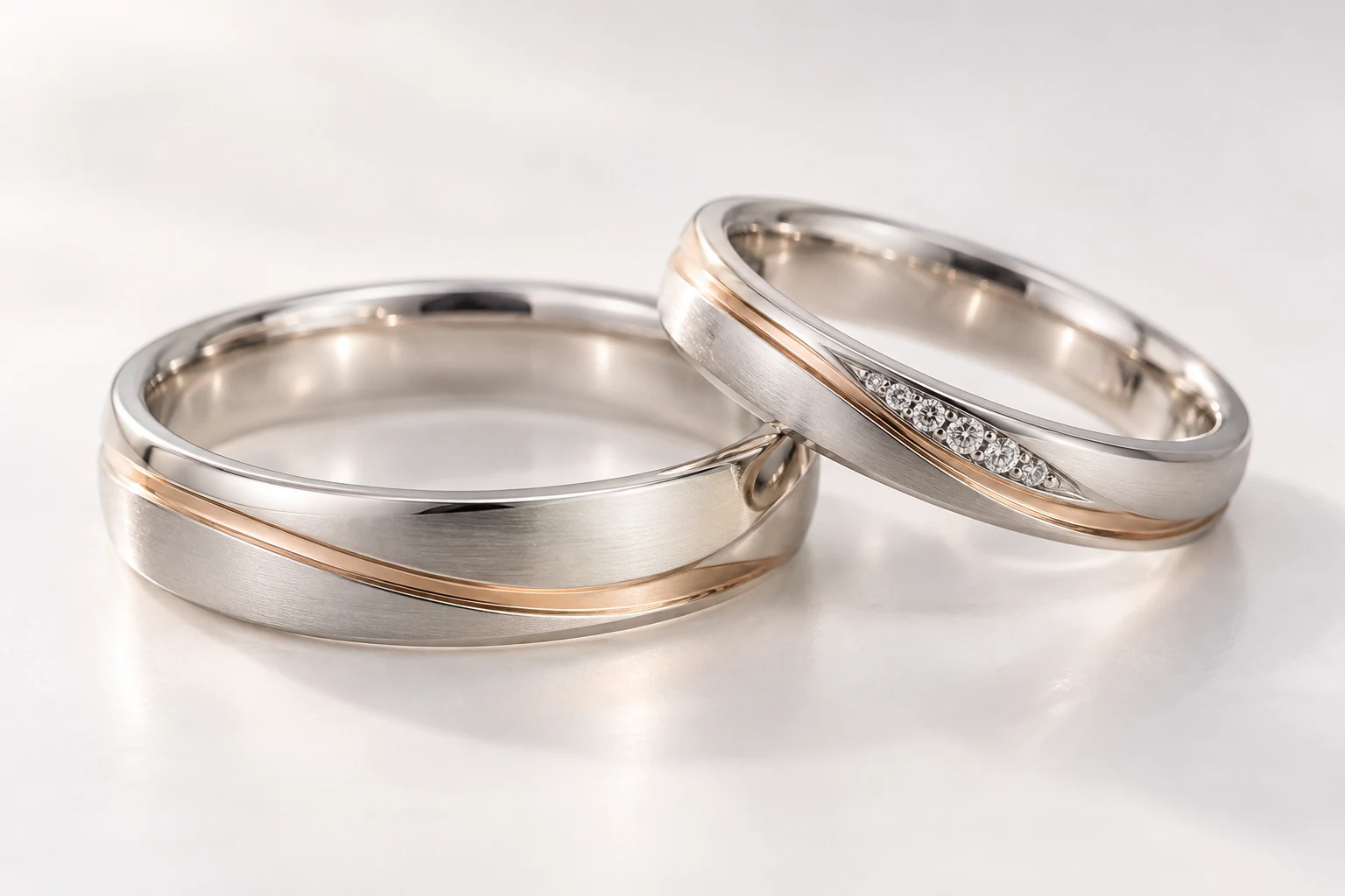 ピンクゴールド色の斜めラインを取り入れた白色の結婚指輪2本