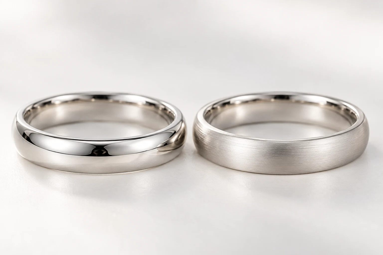 鏡面仕上げと艶消し仕上げの白色の結婚指輪の比較