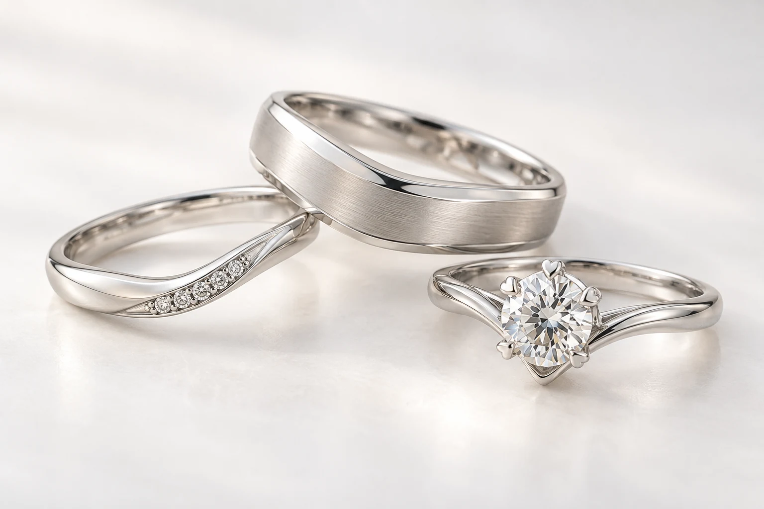 幅広の艶消しリング、ダイヤモンド入りの結婚指輪、一粒ダイヤの婚約指輪