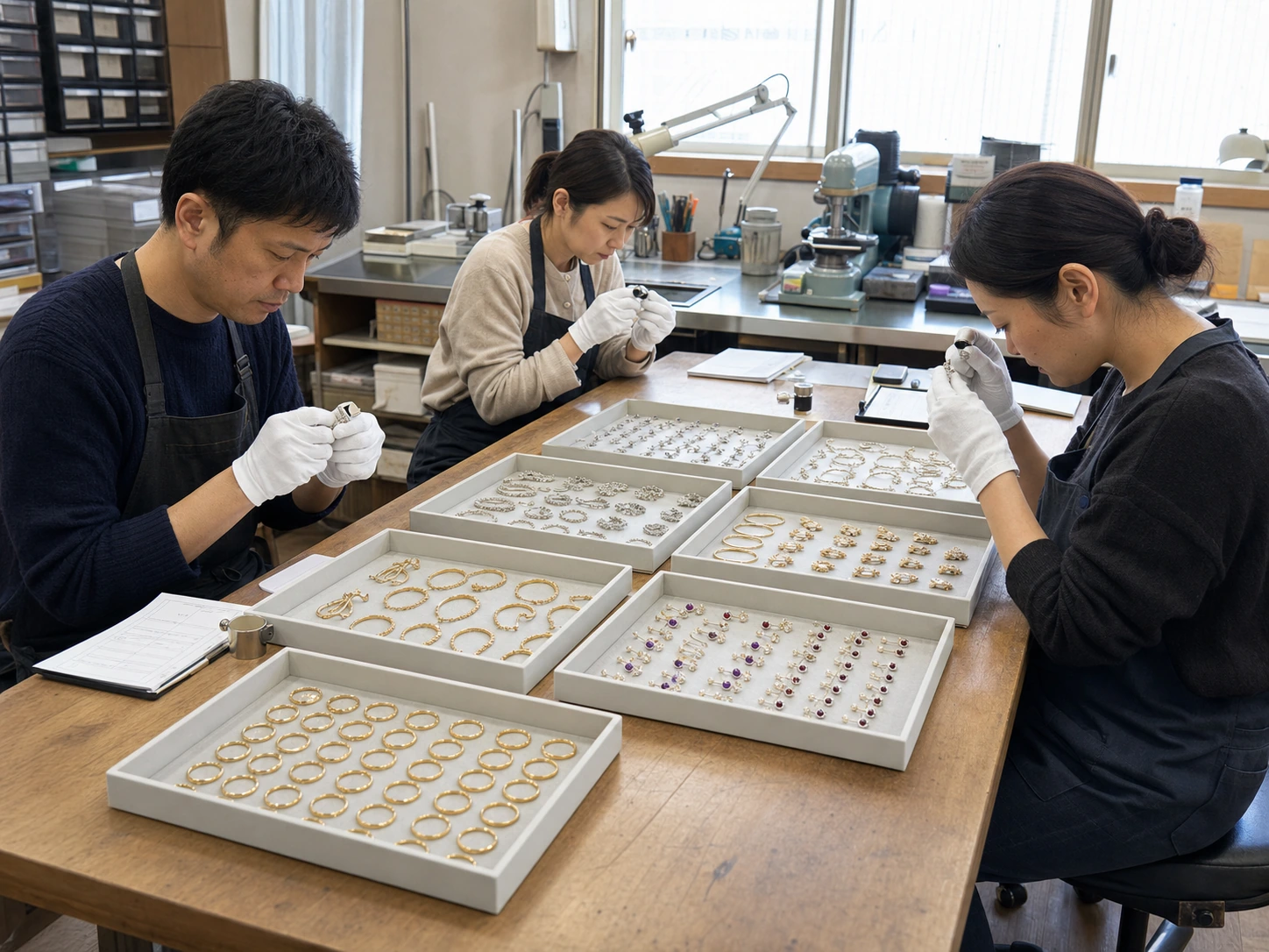 多数のアクセサリーパーツを職人が量産加工する工房